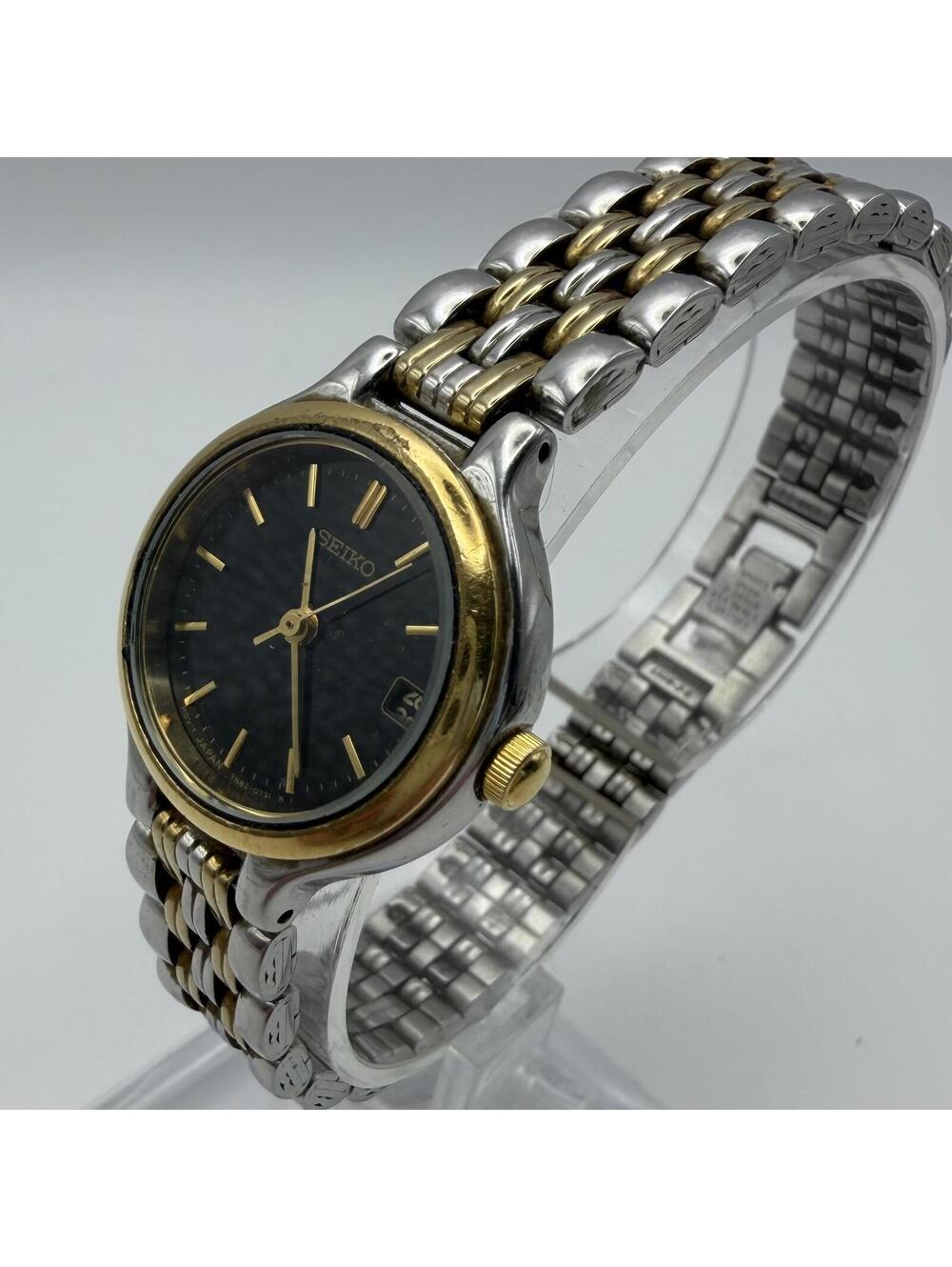 1992 Seiko 7N82-0228 Ladies Quartz Watch Black Dial Two-Tone Bracelet Runs Great